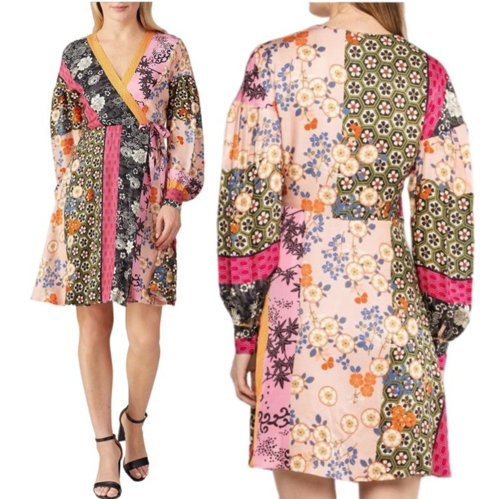 PINKO Draghetta Twill Patchwork Wrap Long Sleeve Dress Size 2